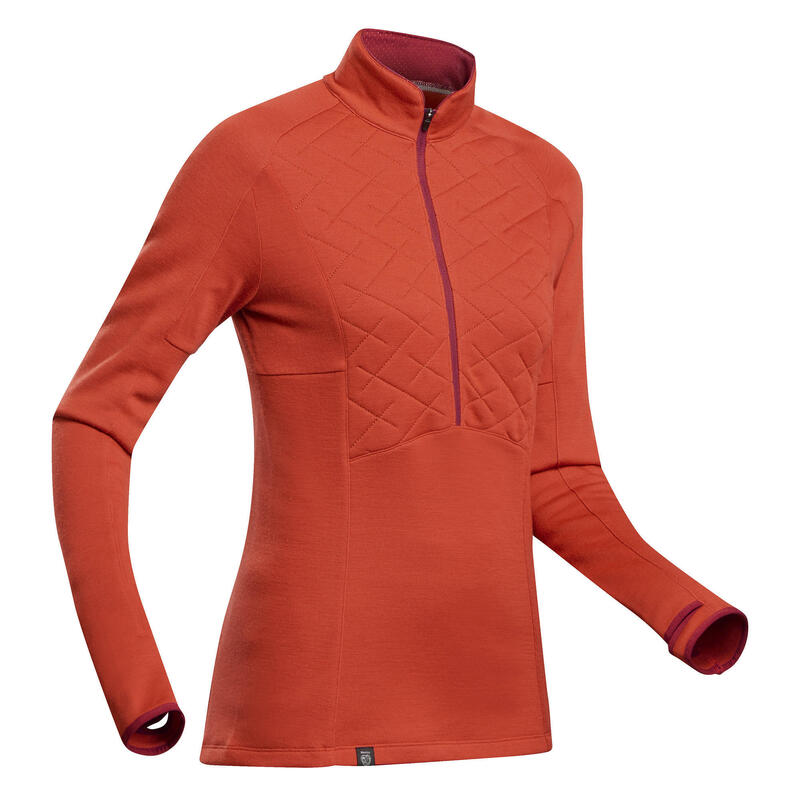 Women’s Merino wool mountain hiking T-shirt with zipped neckline - MT900 orange