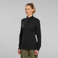Camiseta montaña y trekking lana merina  Mujer Forclaz Trek 500 negro