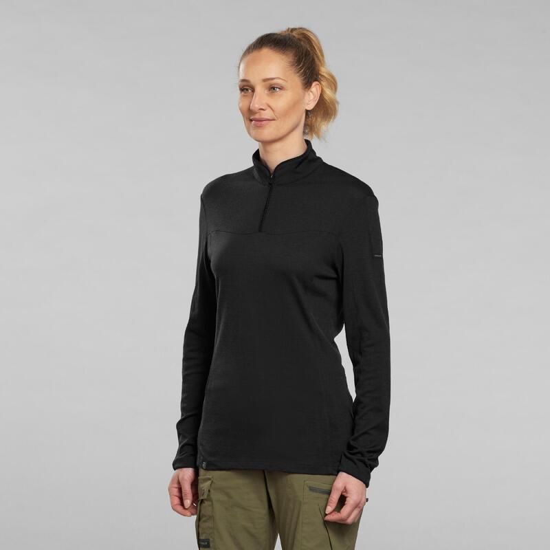 Camiseta de lana merina de trekking montaña manga larga cuello cremallera  mujer - MT900