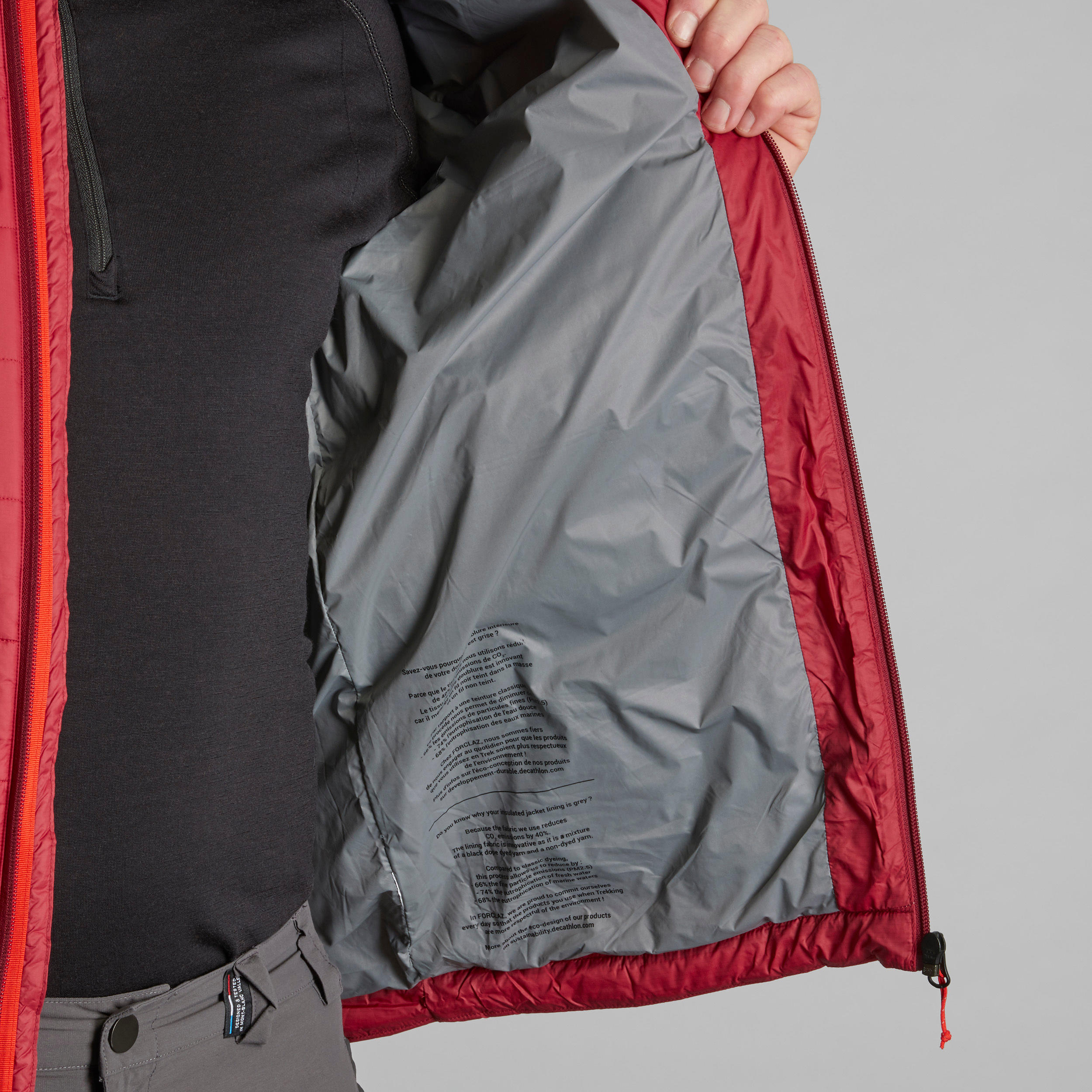 Men’s synthetic padded trekking jacket with hood, MT100 -5°C - Red 3/5