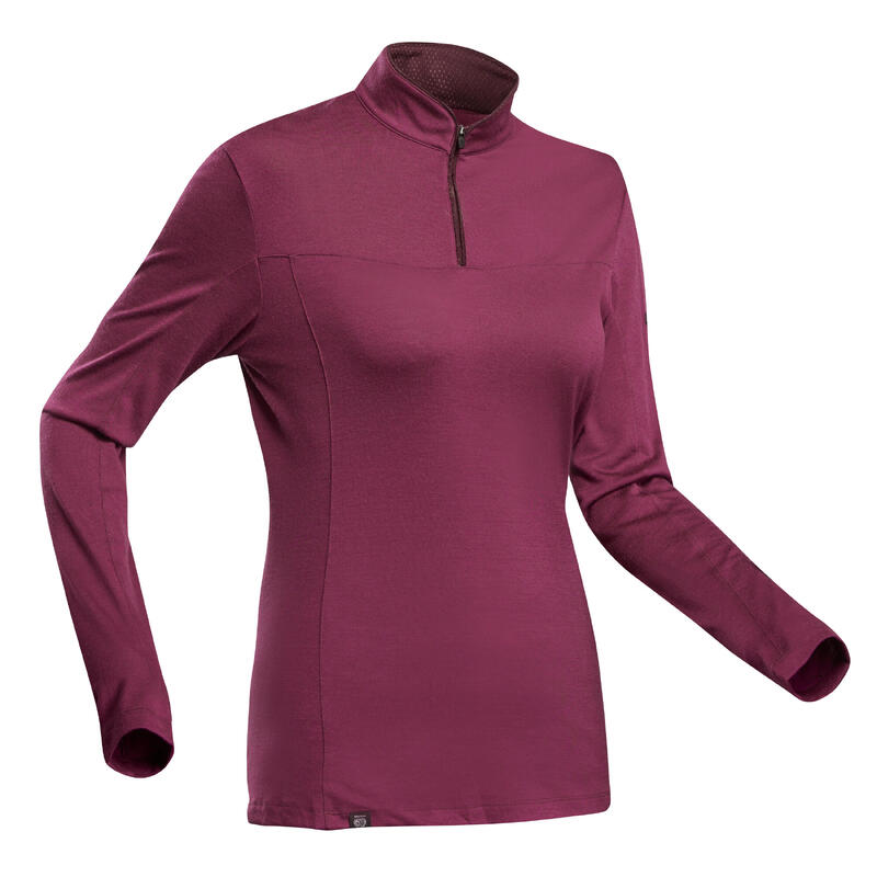 T-shirt manches longues de trek montagne -  mt500 merinos zip violet - femme