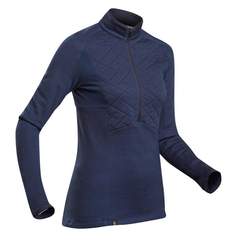 Women’s mountain trekking Merino wool T-shirt with zipped neckline - MT900 blue