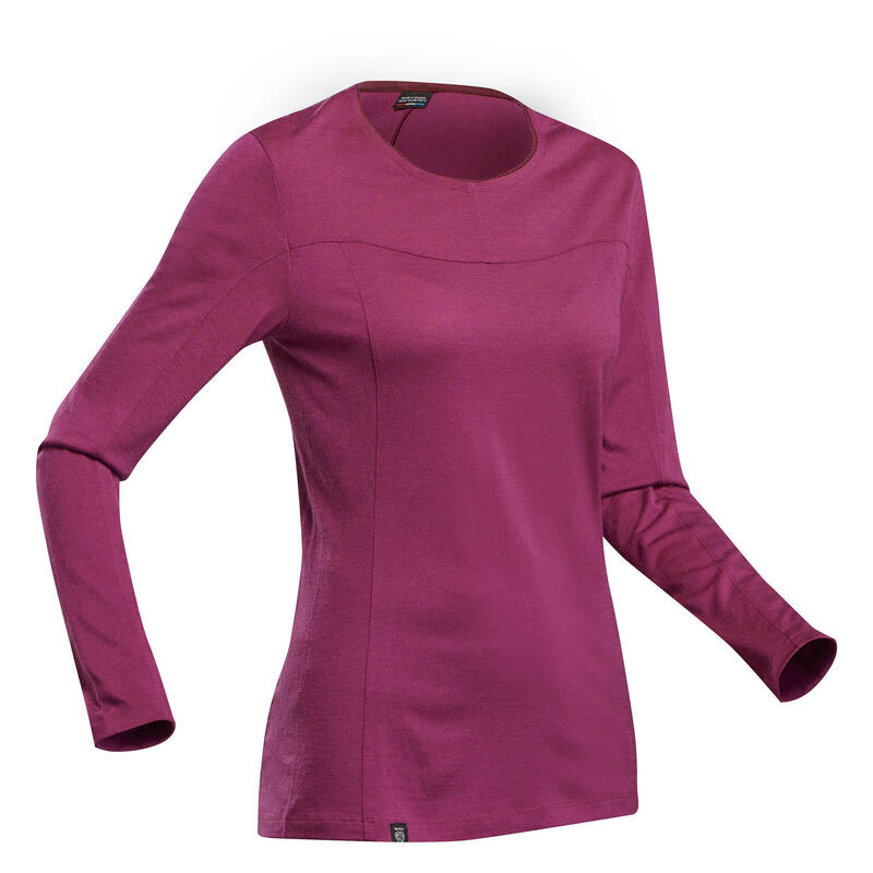 T-shirt manches longues de trek montagne - MT500 MERINOS violet - femme