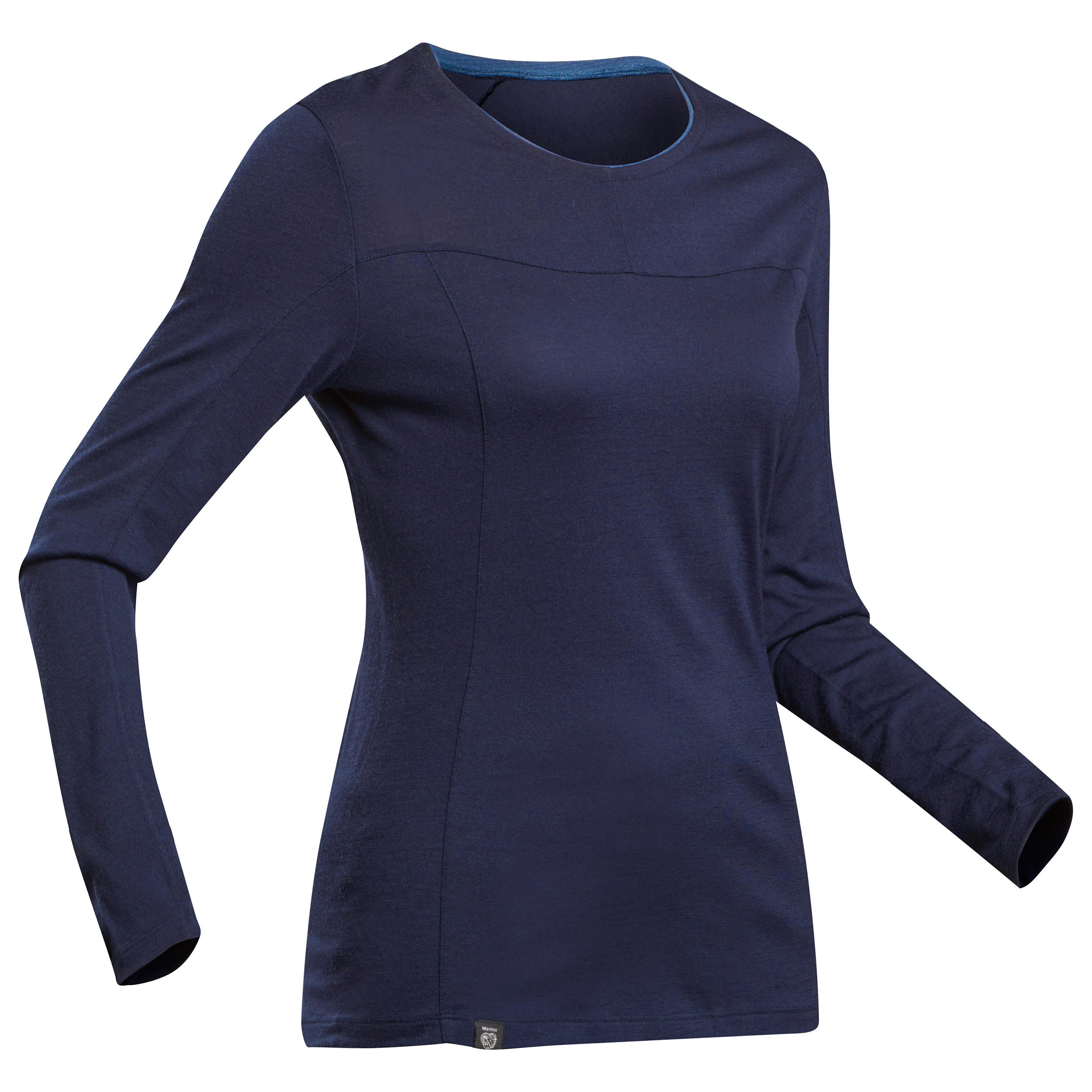 Women's Mountain Trekking Merino Wool Round Neck T-Shirt - TREK 500 - Navy Blue