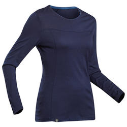 T-shirt lana merinos montagna donna TREK 500 WOOL maniche lunghe blu