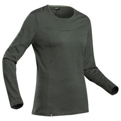 T-shirt lana merinos montagna donna TREK 500 WOOL maniche lunghe verde oliva