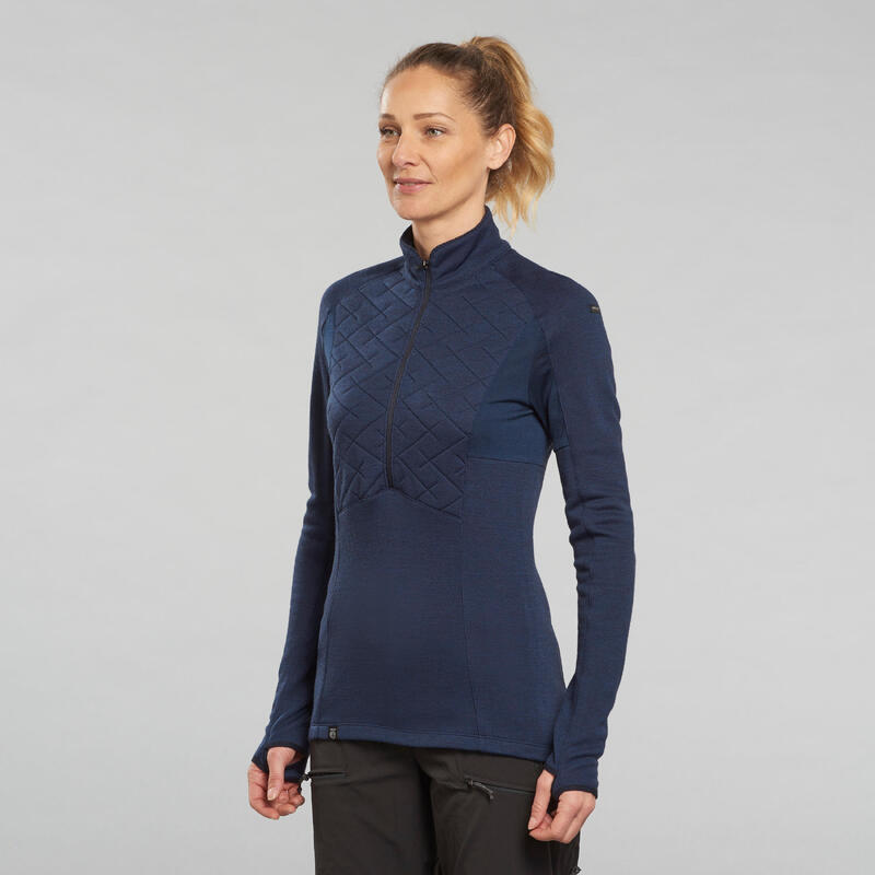 Camiseta de lana merina de trekking montaña manga larga cuello cremallera  mujer - MT900