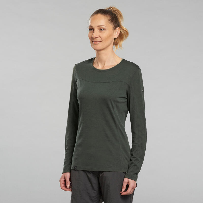 Camiseta montaña y trekking lana merina Mujer Forclaz MT500 verde