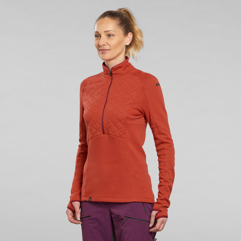 Women's Longsleeved Tshirt Mountain Trek Merino Wool with Zipped Collar MT900 Decathlon