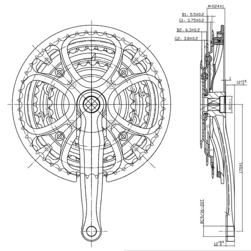 Mechanizm korbowy trzyblatowy 48/38/28 8-rzędowy oś kwadrat 170 mm