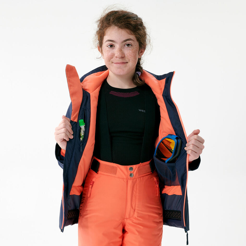 Detská lyžiarska bunda 500 hrejivá a nepremokavá tmavomodro-koralová