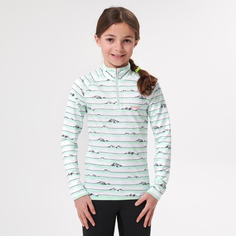 Kids’ Ski Base Layer Top FRESHWARM 1/2 Zip Mint Striped Decathlon