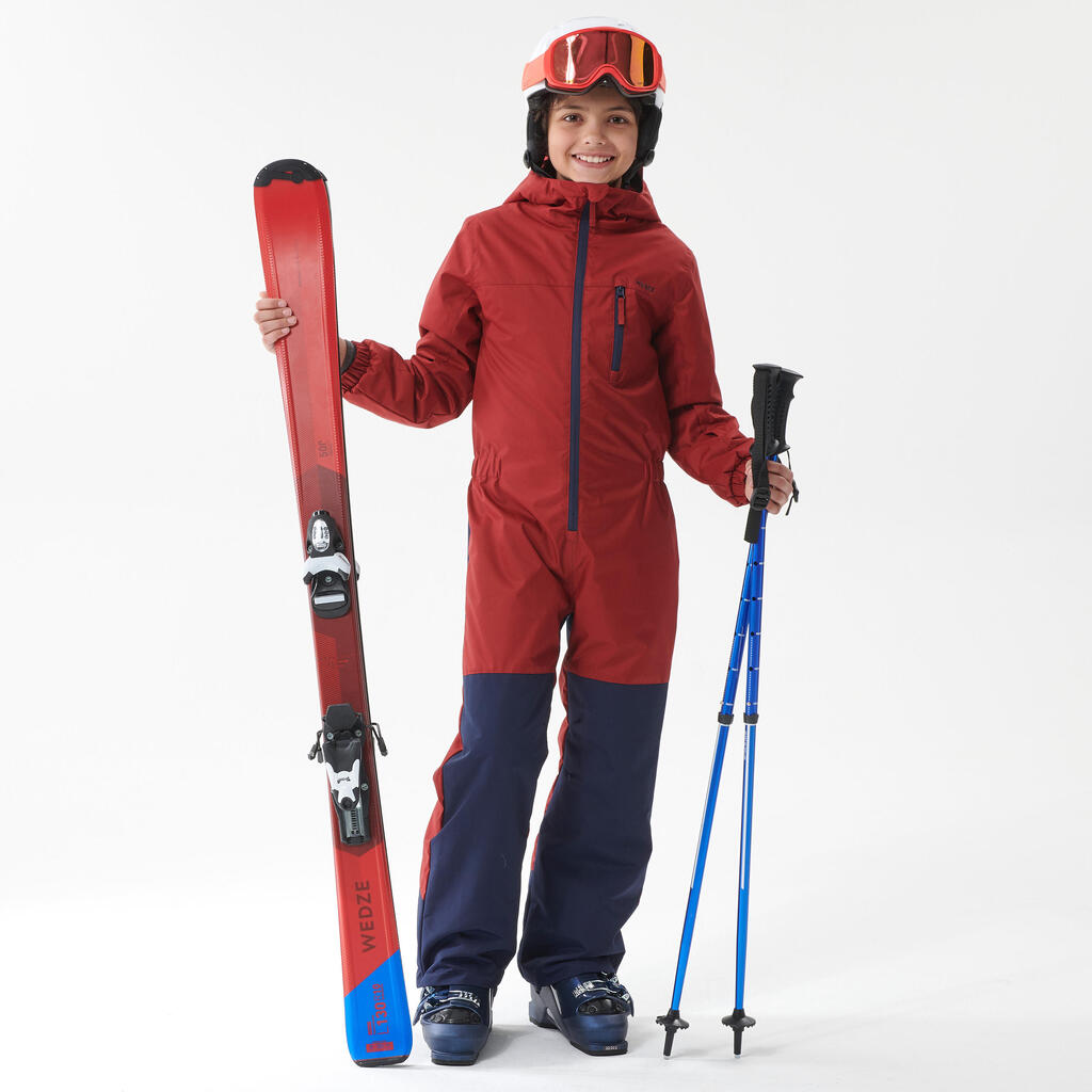 Detská lyžiarska kombinéza 100 hrejivá a nepremokavá bordovo-tmavomodrá
