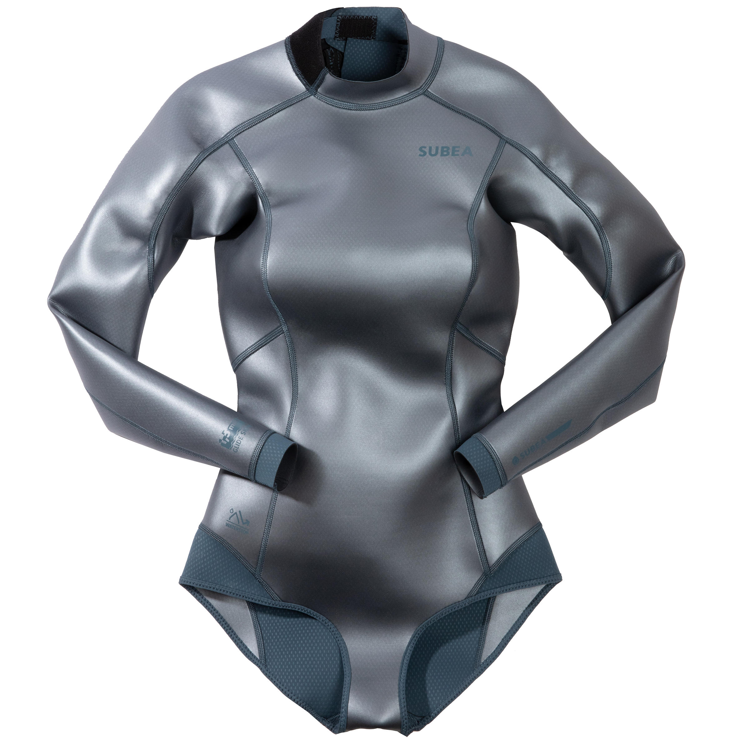 SUBEA Dámsky neoprénový top s dlhým rukávom na freediving FRD500 glide skin 1,5mm sivý M · záber 10