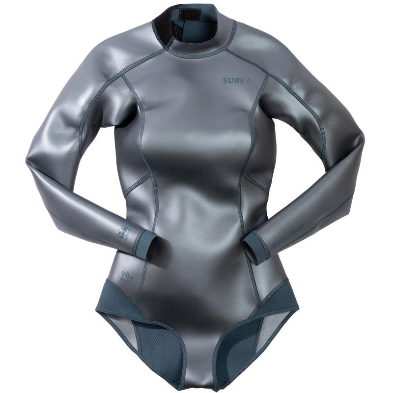 Neopren Shorty Freediving Langarm Damen 500 Glide Skin grau/metallic