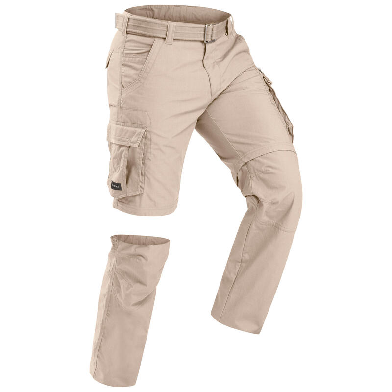 Men's Travel Trekking Zip-Off Cargo Trousers - Travel 100 Zip-Off - sand