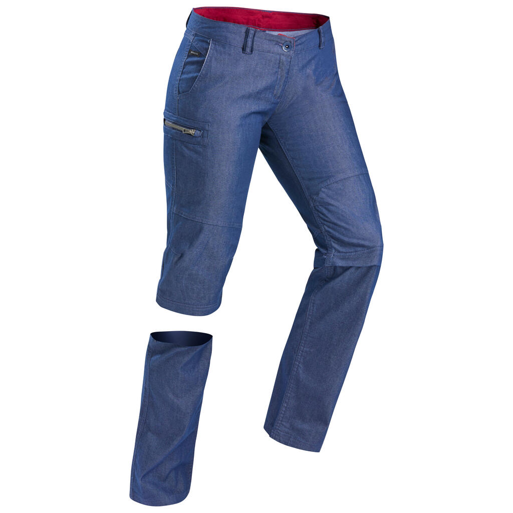 Pantalón transformable trekking viaje TRAVEL 100 mujer azul denim