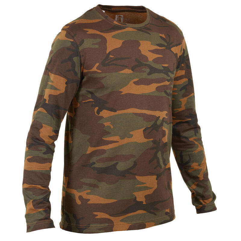 T-shirt coton manches longues chasse 100 camouflage woodland vert/marron