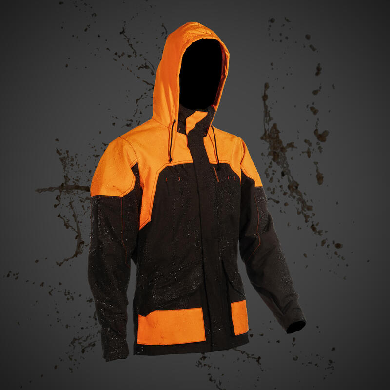 Chaqueta Caza Solognac 520 Hombre Impermeable Reforzada Naranja Fluo Marrón