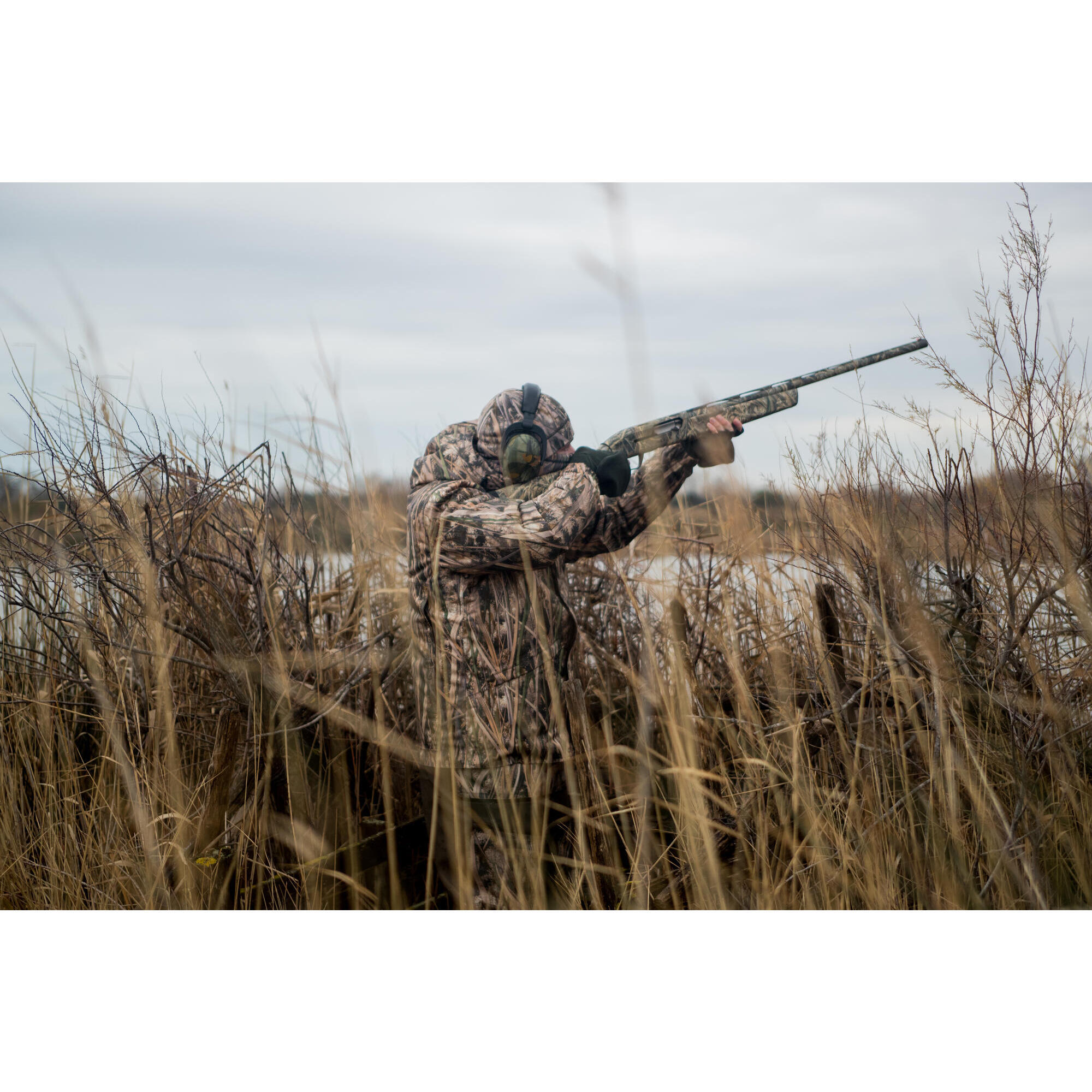 Veste chasse chaude et coupe vent 100 camouflage marais SOLOGNAC