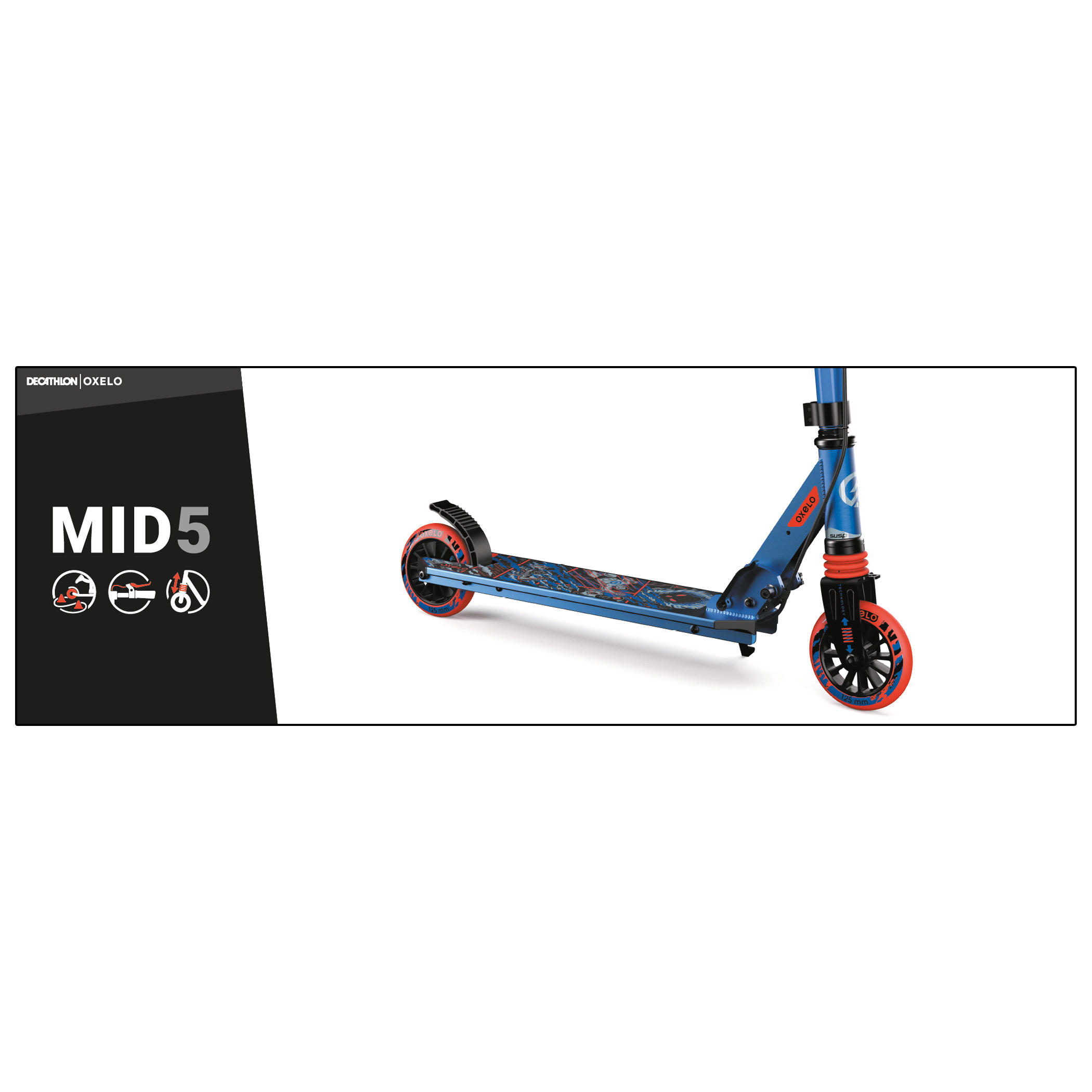 Scooter Tretroller Kinder Federung Lenkerbremse - Mid 5 blau 12/36