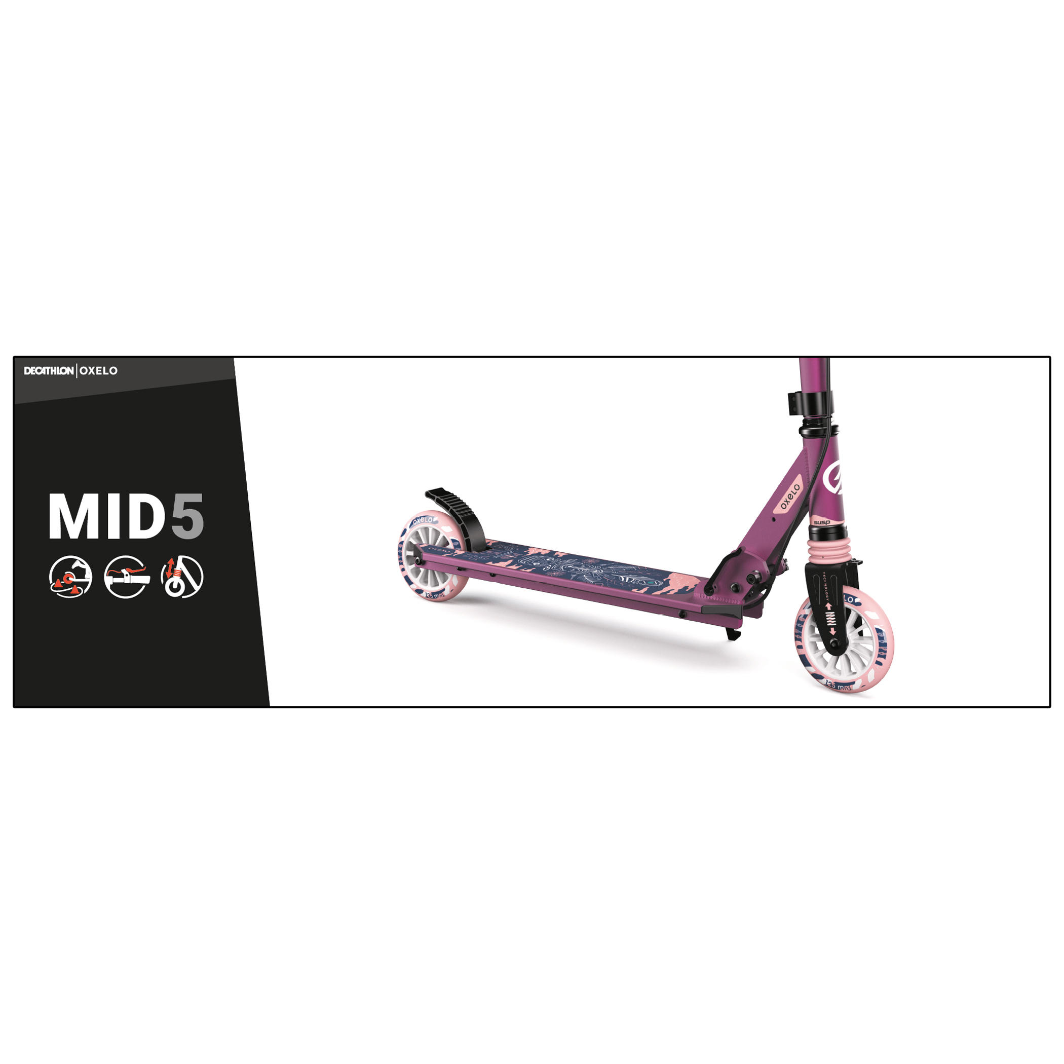 Scooter Tretroller Kinder mit Federung und Lenkerbremse - Mid 5  violett 12/34