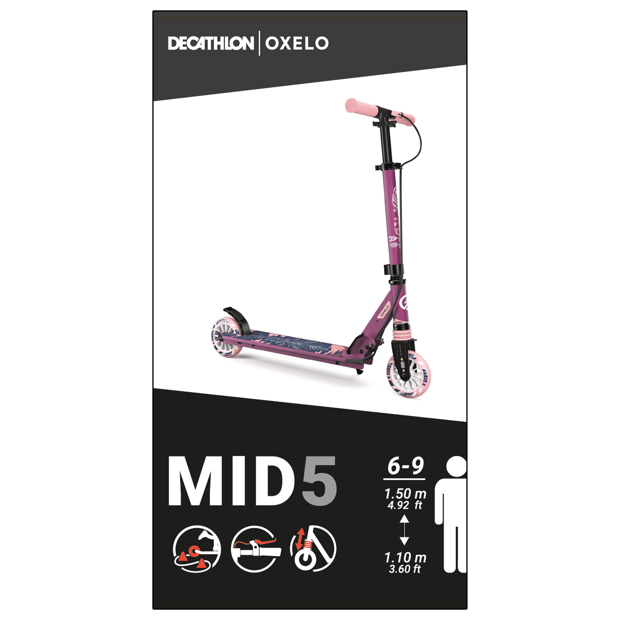 Scooter Tretroller Kinder mit Federung und Lenkerbremse - Mid 5  violett 15/34