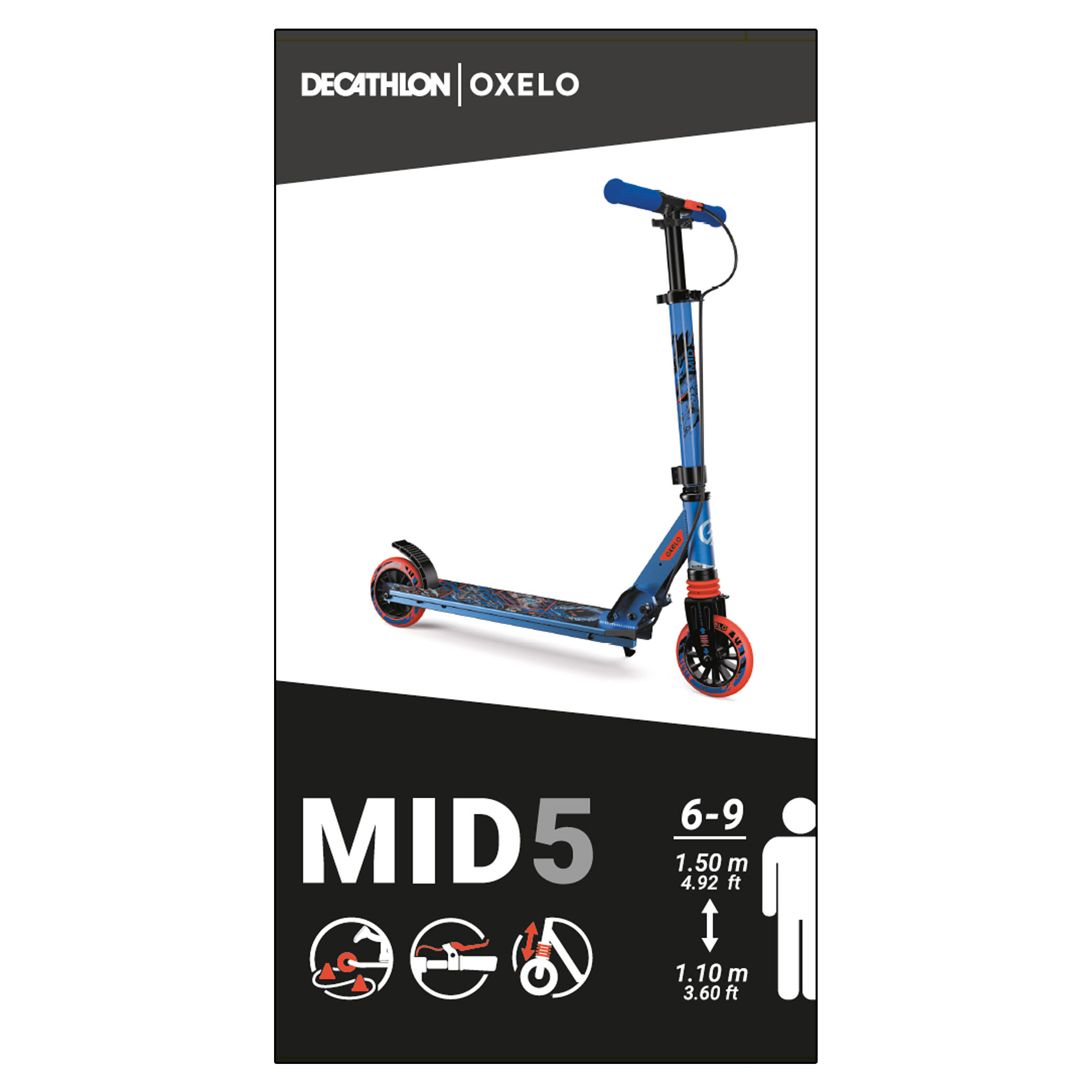 Scooter Tretroller Kinder Federung Lenkerbremse - Mid 5 blau 15/36