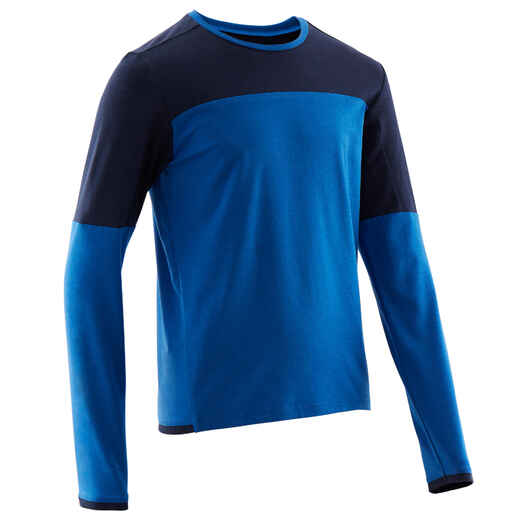 
      Boys' Breathable Cotton Long-Sleeved Gym T-Shirt 500 - Blue
  