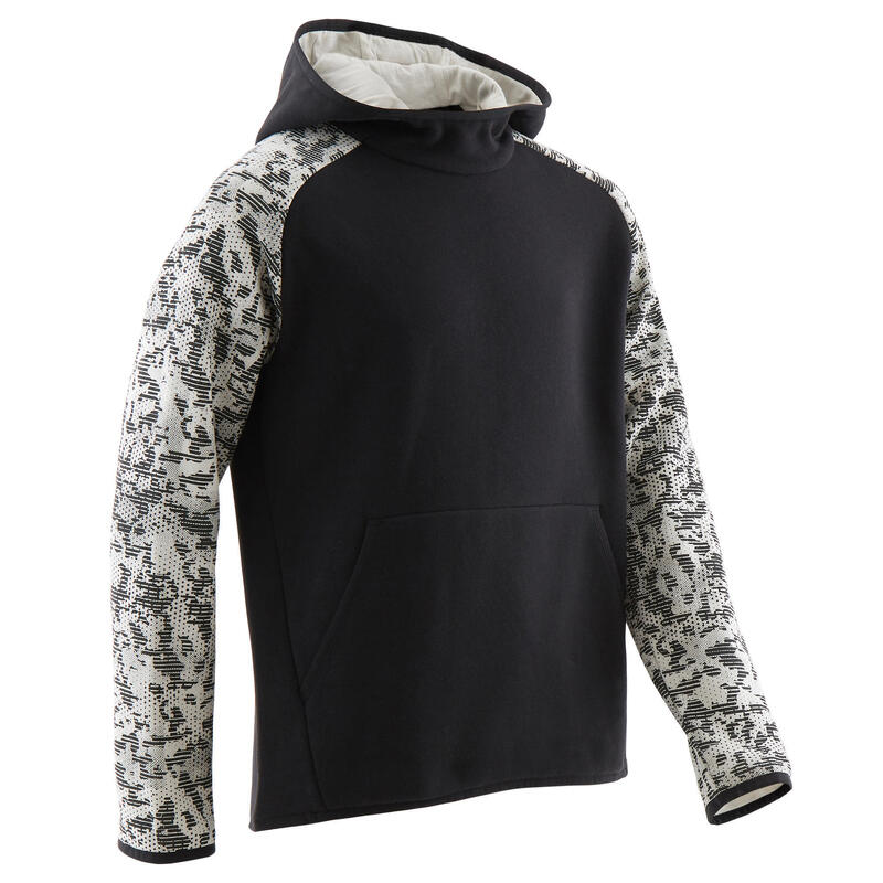 Sweat capuche chaud 100 garçon GYM ENFANT noir uni/imprimé beige sur les manches