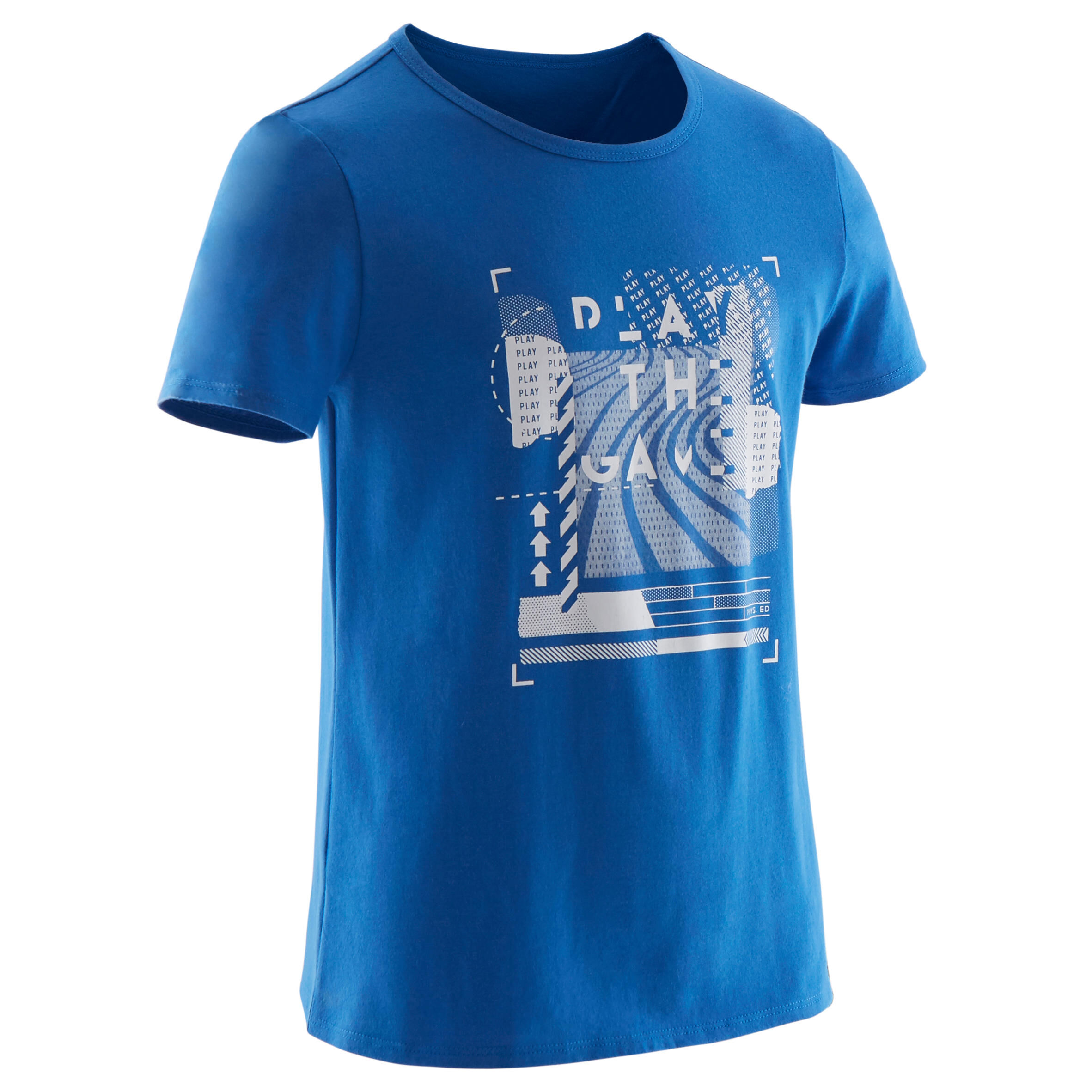 DOMYOS 100 Boys' Short-Sleeved Gym T-Shirt - Blue/White Print