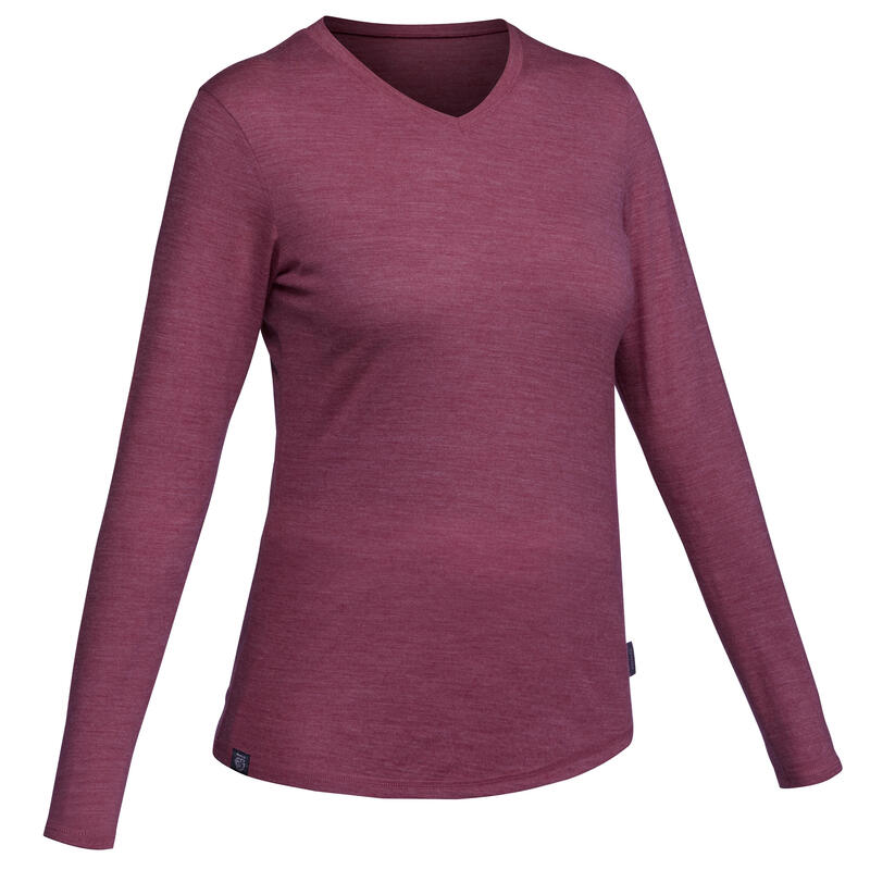 T-shirt laine mérinos de trek voyage - TRAVEL 100 violet femme
