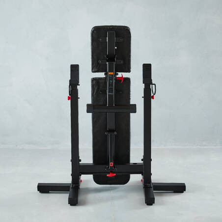 Tiltable and foldable weight bench with adjustable pegs