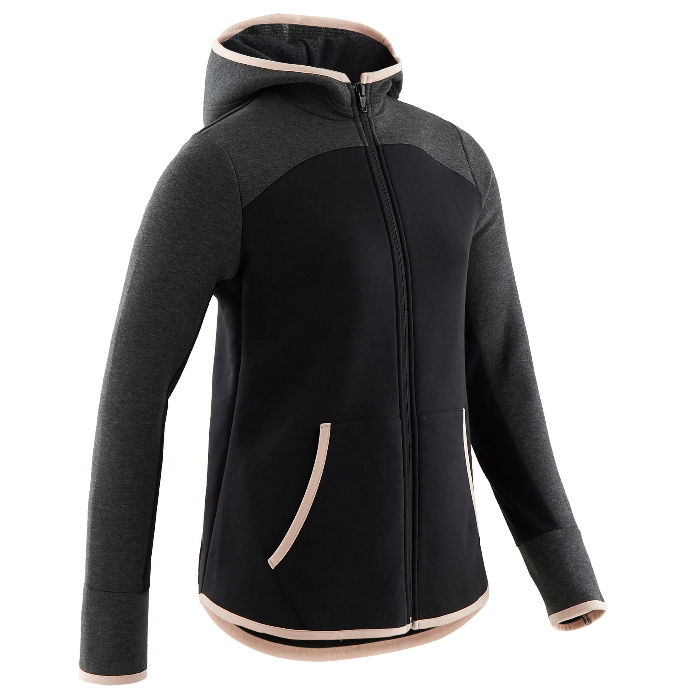 sweat zippé à capuche chaud enfant - 900 noir et gris chiné foncé - domyos