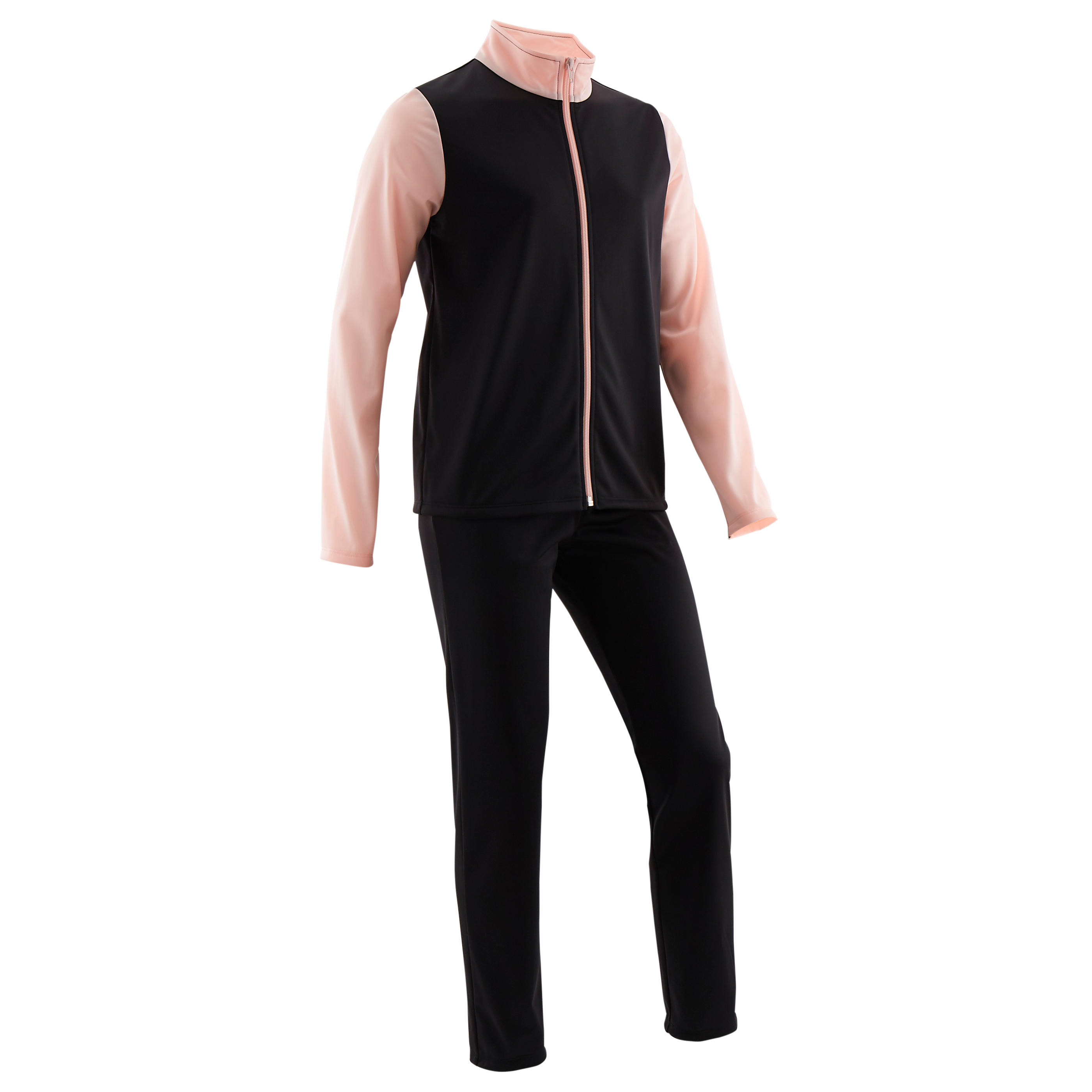 DOMYOS Kids' Breathable Synthetic Tracksuit Gym'y - Black and Touch of Pink