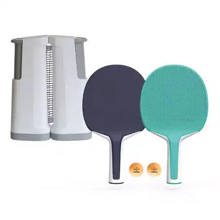 Table Tennis Set with Posts, Adjustable Rollnet, 2 Bats and 2 Balls - White/Grey