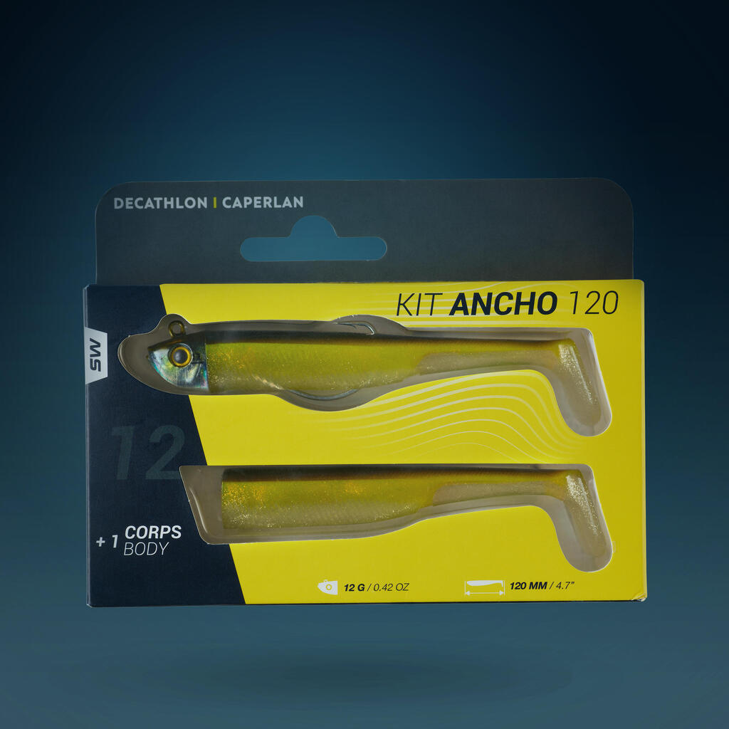 COMBO leurres souples shad texan ANCHO 120 18gr Tête rouge/Jaune pêche en mer