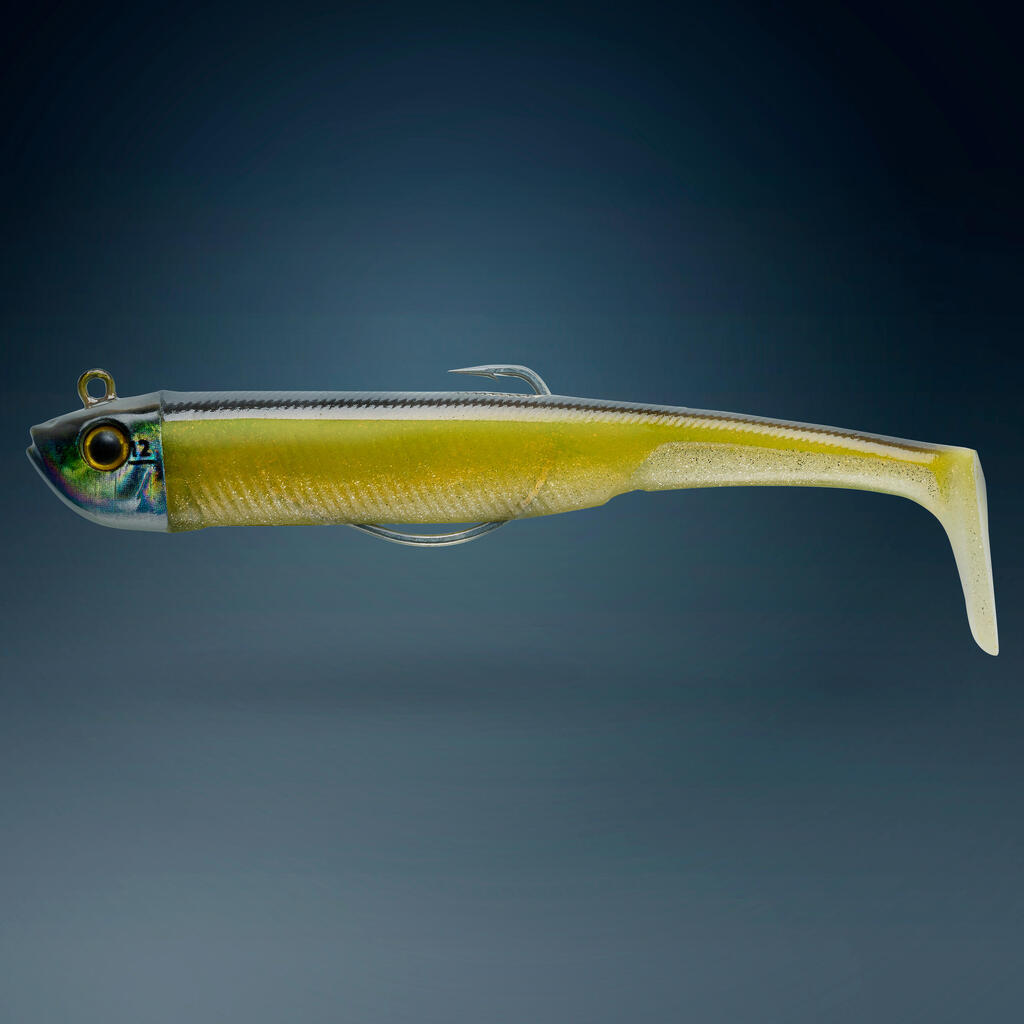 COMBO leurres souples shad texan ANCHO 120 18gr Tête rouge/Jaune pêche en mer