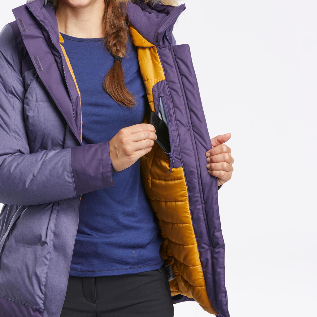 PARKA ZA PLANINARENJE SH500 X-WARM ŽENSKA LAGANA NEPROMOČIVA -15 °C - LJUBIČASTA