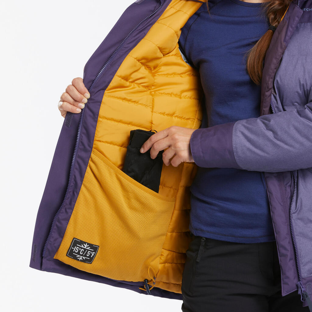 PARKA ZA PLANINARENJE SH500 X-WARM ŽENSKA LAGANA NEPROMOČIVA -15 °C - LJUBIČASTA