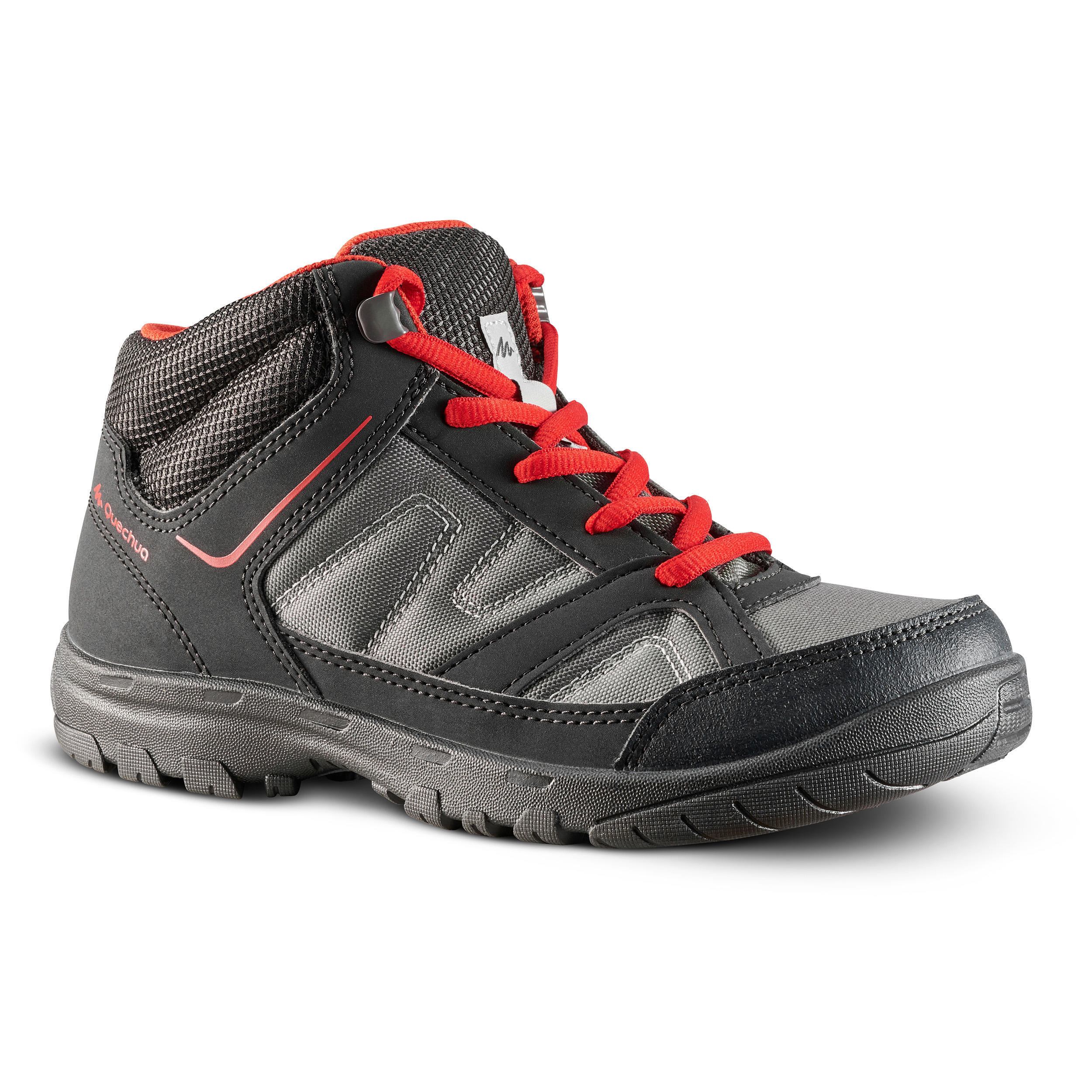 QUECHUA Kids Hiking Boots 35 TO 38 Mid JR MH100 - Black/Red