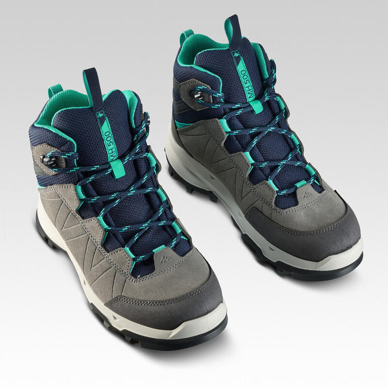 WATERPROOF MOUNTAIN HIKING SHOES - MH500 - TURQUOISE/GREY - KIDS - SIZE 28 TO 39