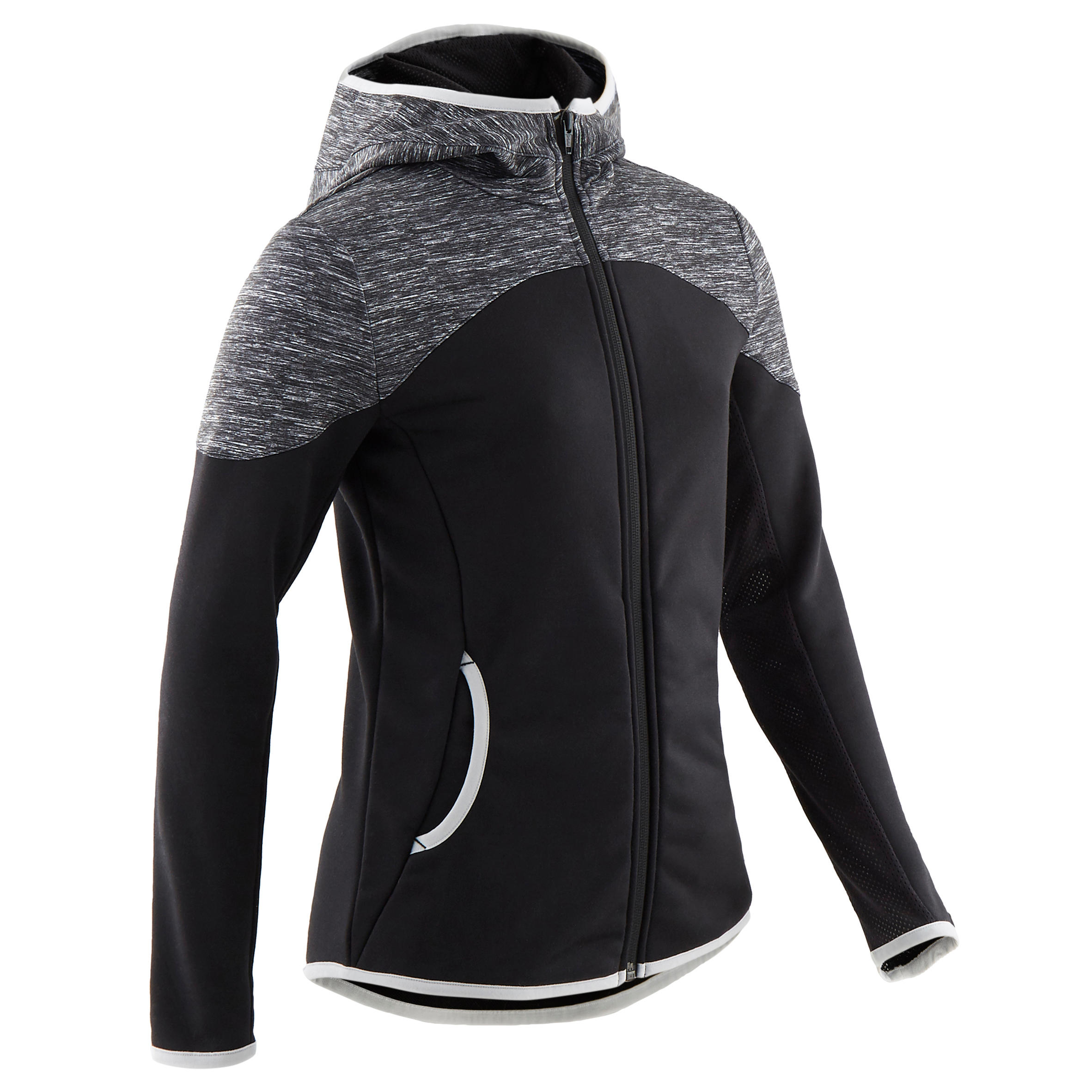 

Girls' Warm Breathable Synthetic Gym Jacket S500 - Black/Printed Shoulder -  By DOMYOS | Decathlon