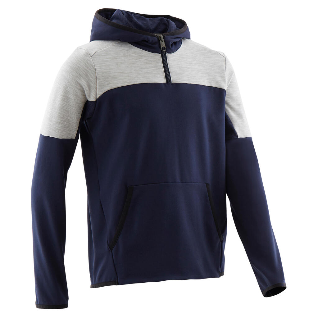 Boys' gym warm breathable synthetic half-zip hoodie s500 - navy