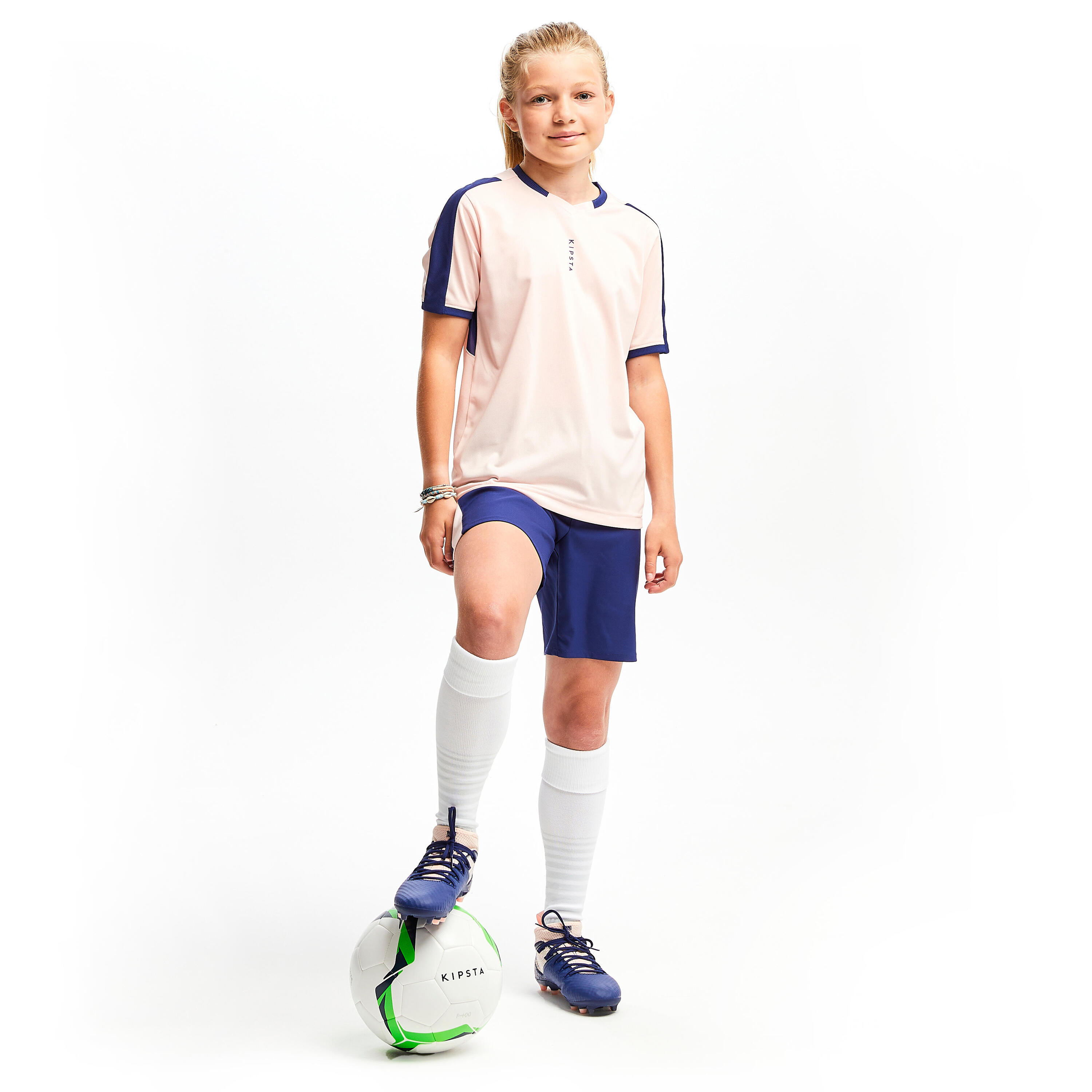 Girls' Football Shorts F500 - Blue/Pink 7/8