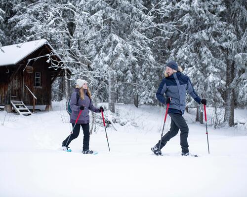 Une femme et un homme font de la randonnée en hiver avec des raquettes à neige et des bâtons avec des sapins à l'arrière plan