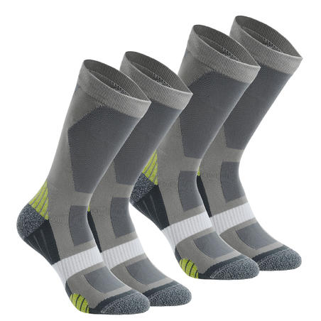 2 pairs of Forclaz Mid 500 high rise socks - light grey and green.