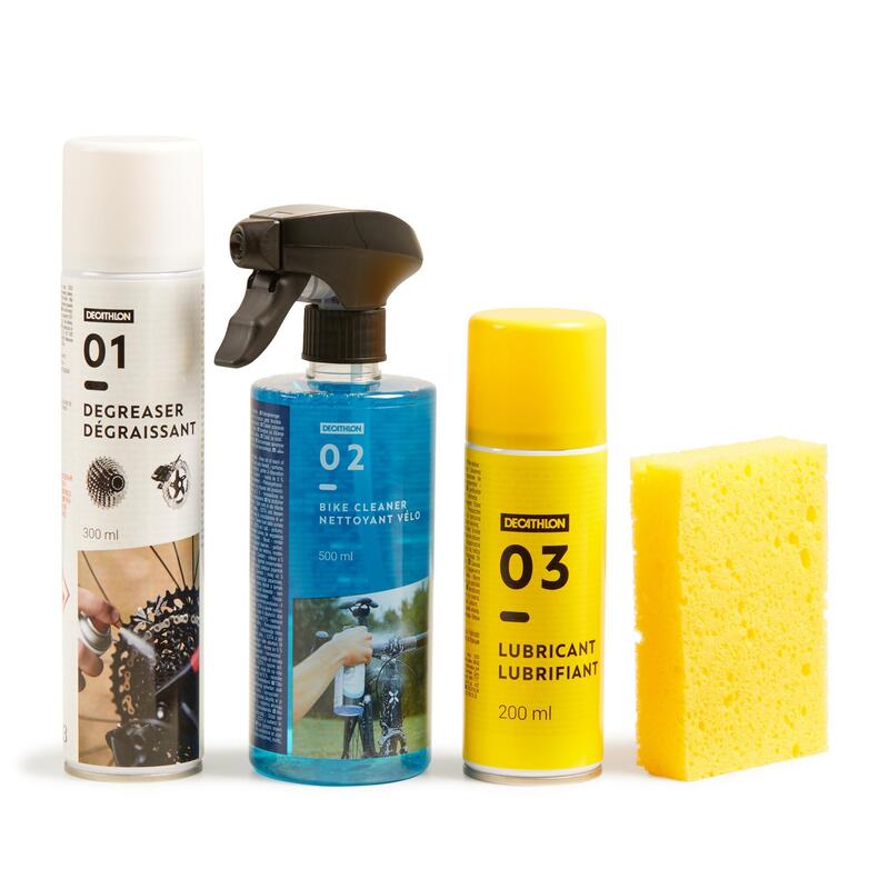 Reinigingsset voor fiets (spons, reinigingsspray, ontvetter, smeermiddel)