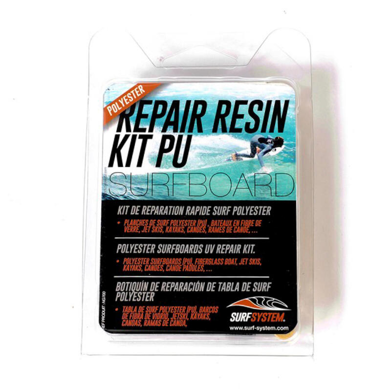 Reparatieset voor surfboard uit polyesterhars.