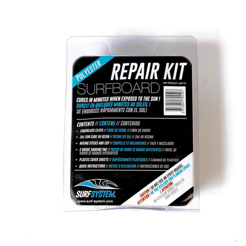 Reparatieset voor surfboard uit polyesterhars.